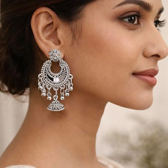 16 Pair Oxidised Silver Earring Jhuma Box Combo Set – Traditional Jhumka Earrings, Chandbali & Stud Collection for Women, Silver Trendy 16 Pair Earrings Jhumka Earrings Wirh Black Velvet Box - View 4 of 6