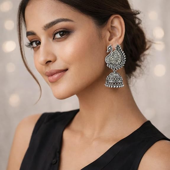 16 Pair Oxidised Silver Earring Jhuma Box Combo Set – Traditional Jhumka Earrings, Chandbali & Stud Collection for Women, Silver Trendy 16 Pair Earrings Jhumka Earrings Wirh Black Velvet Box - View 5 of 6