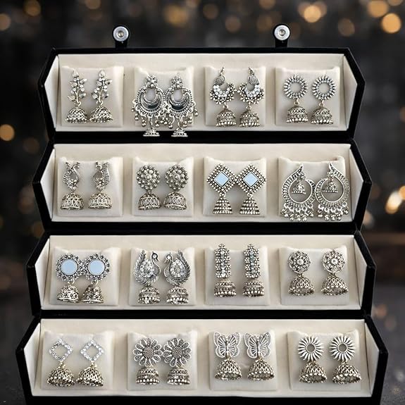 16 Pair Oxidised Silver Earring Jhuma Box Combo Set – Traditional Jhumka Earrings, Chandbali & Stud Collection for Women, Silver Trendy 16 Pair Earrings Jhumka Earrings Wirh Black Velvet Box - View 6 of 6