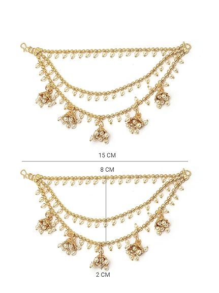 Sukkhi Classical Traditional 18k Gold Plated with Brass Metal & Pearls Studded Jhumka/Jhumki Multi Layer Ear Kan Chain Earring Jewellery for Women & Girls|Bahubali Inspired Long Chain - View 2 of 6