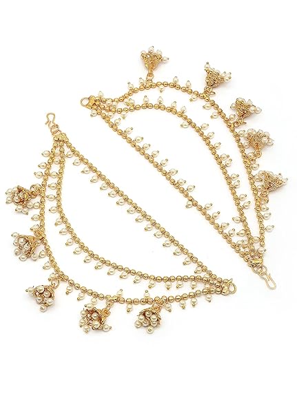 Sukkhi Classical Traditional 18k Gold Plated with Brass Metal & Pearls Studded Jhumka/Jhumki Multi Layer Ear Kan Chain Earring Jewellery for Women & Girls|Bahubali Inspired Long Chain - View 3 of 6