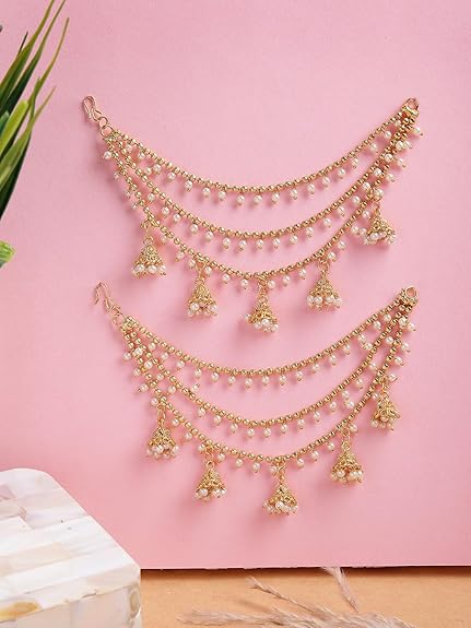 Sukkhi Classical Traditional 18k Gold Plated with Brass Metal & Pearls Studded Jhumka/Jhumki Multi Layer Ear Kan Chain Earring Jewellery for Women & Girls|Bahubali Inspired Long Chain - View 4 of 6