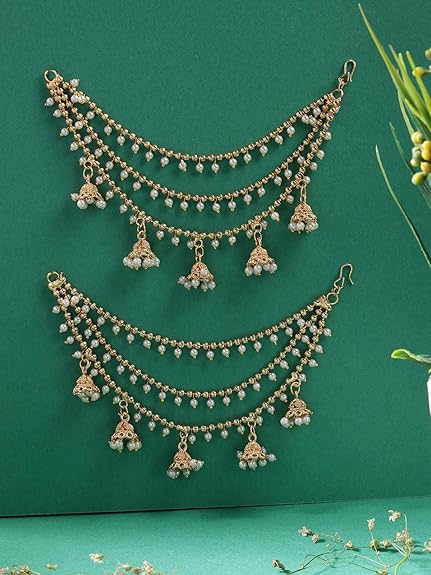 Sukkhi Classical Traditional 18k Gold Plated with Brass Metal & Pearls Studded Jhumka/Jhumki Multi Layer Ear Kan Chain Earring Jewellery for Women & Girls|Bahubali Inspired Long Chain - View 5 of 6