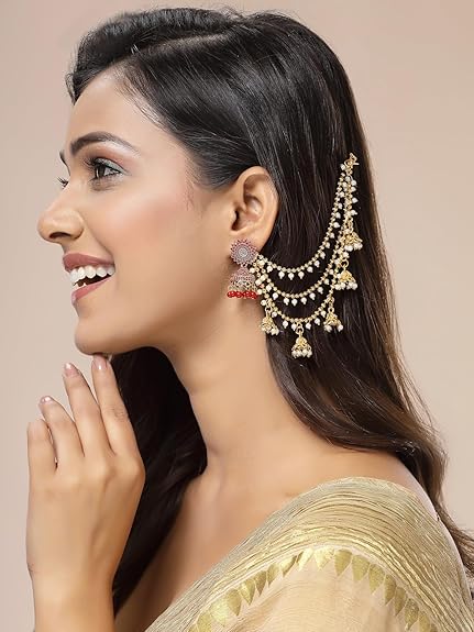Sukkhi Classical Traditional 18k Gold Plated with Brass Metal & Pearls Studded Jhumka/Jhumki Multi Layer Ear Kan Chain Earring Jewellery for Women & Girls|Bahubali Inspired Long Chain - View 6 of 6