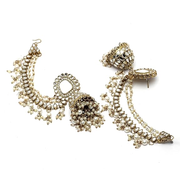 ZENEME Traditional Stylish Gold Plated Polki & Pearl Bahubali Jhumki Jhumka Earrings Jewellery For Girls And Women - View 2 of 5
