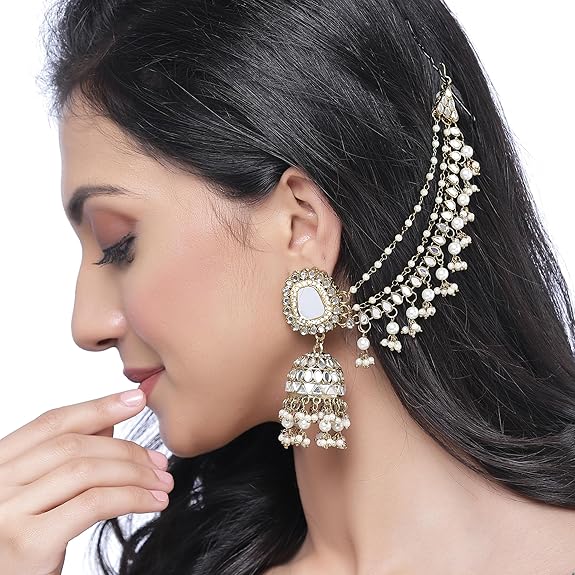 ZENEME Traditional Stylish Gold Plated Polki & Pearl Bahubali Jhumki Jhumka Earrings Jewellery For Girls And Women - View 3 of 5