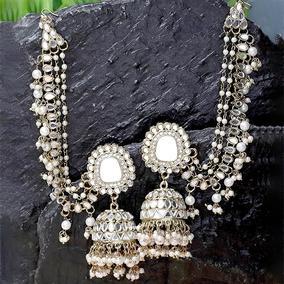 ZENEME Traditional Stylish Gold Plated Polki & Pearl Bahubali Jhumki Jhumka Earrings Jewellery For Girls And Women - View 4 of 5