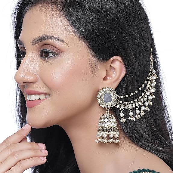 ZENEME Traditional Stylish Gold Plated Polki & Pearl Bahubali Jhumki Jhumka Earrings Jewellery For Girls And Women - View 5 of 5