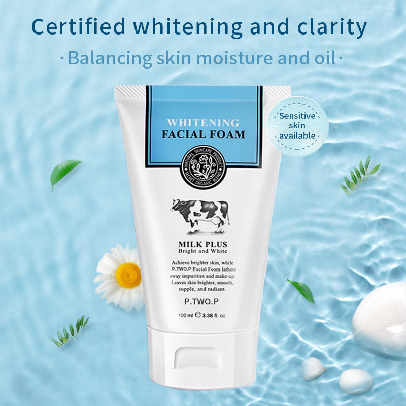 PTWOP Whitening Facial Cleanser Foam Moisturizing Deep Cleansing Acne Control Oil Removing Exfoliating Pore Shrinking Face Wash Brightening Smooth Skin Gentle Daily Skincare Fresh Healthy Glow Care Formula - View 2 of 3