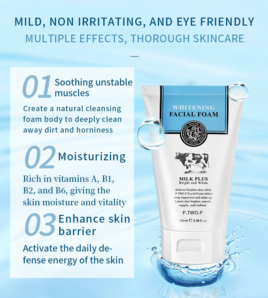 PTWOP Whitening Facial Cleanser Foam Moisturizing Deep Cleansing Acne Control Oil Removing Exfoliating Pore Shrinking Face Wash Brightening Smooth Skin Gentle Daily Skincare Fresh Healthy Glow Care Formula - View 3 of 3