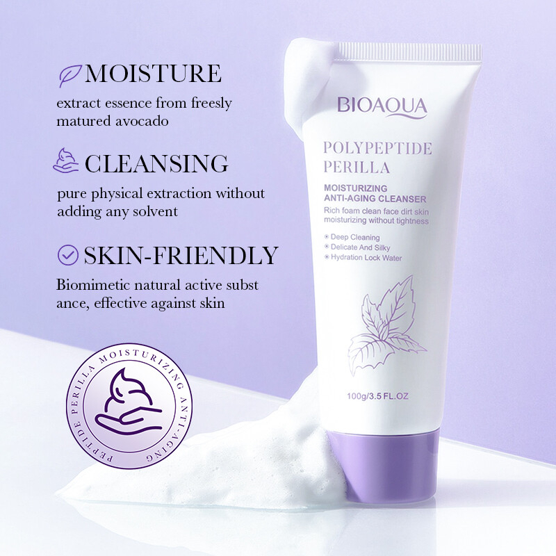 BIOAQUA Polypeptide Perilla Moisturizing Anti Aging Cleanser 100g Deep Cleansing Foaming Face Wash Hydrating Firming Skin Care Gentle Foam Brightening Smooth Elasticity Daily Facial Cleanser Fresh Healthy Glow - View 2 of 3