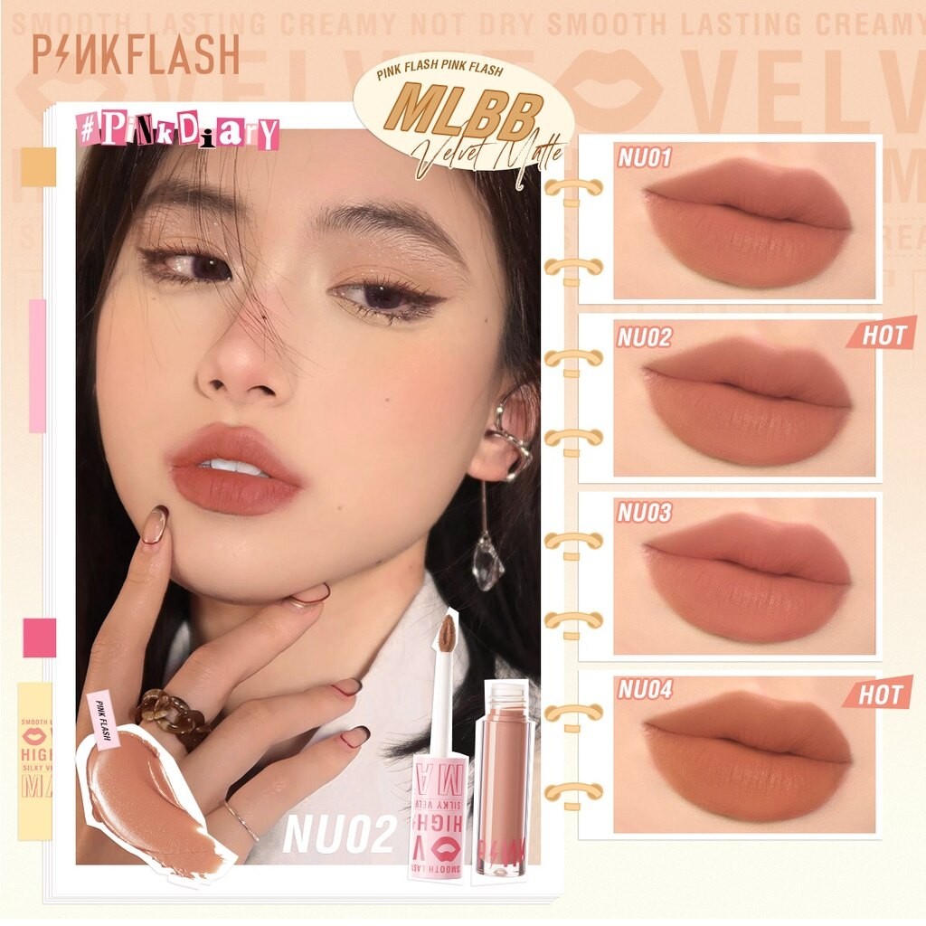 Pink's Pinkflash #PinkDiary Silky Velvet Matte Lipstick Lip Cream Smooth High Pigment Long Lasting Beauty Lip Makeup Soft Lipstik Matte Not Dry 17 Colors- NU04(FROM MALAYSIA) - View 4 of 4