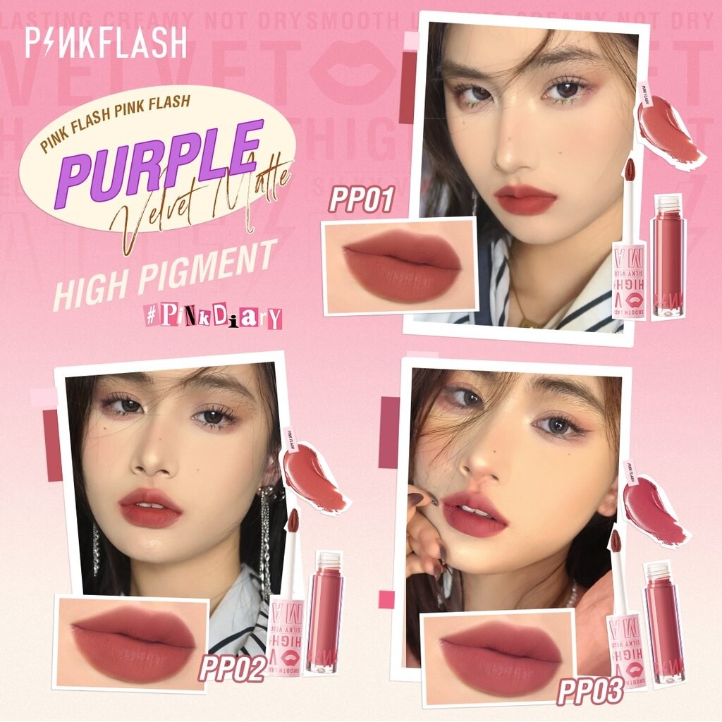 Pink's Pinkflash #PinkDiary Silky Velvet Matte Lipstick Lip Cream Smooth High Pigment Long Lasting Beauty Lip Makeup Soft Lipstik Matte Not Dry 17 Colors- PK02(FROM MALAYSIA) - View 3 of 4