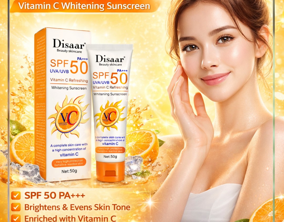 DISAAR SPF50 Vitamin C Refreshing Whitening Sunscreen 50g Broad Spectrum UV Protection Brightening Sunblock Lightweight Non Greasy Moisturizing Daily Face Sunscreen Anti Dark Spots for All Skin Types - View 2 of 3