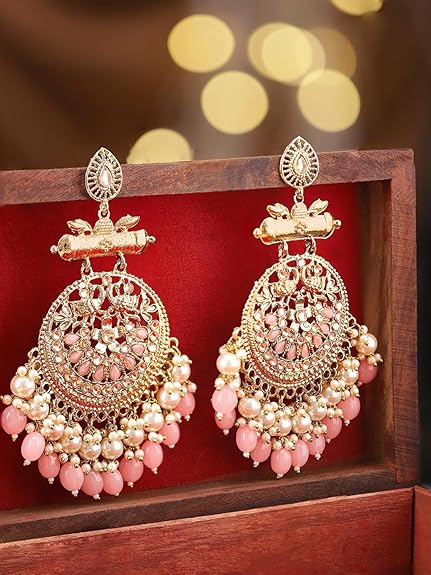 Rubans Traditional 22K Gold Plated Handcrafted Crescent Chandbali Earrings with Beads for Women and Girls Intricate Circular Design- for Weddings and Festive Occasions - View 4 of 5
