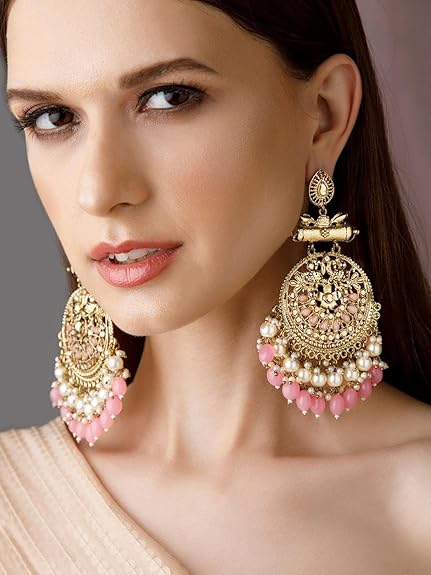 Rubans Traditional 22K Gold Plated Handcrafted Crescent Chandbali Earrings with Beads for Women and Girls Intricate Circular Design- for Weddings and Festive Occasions - View 5 of 5
