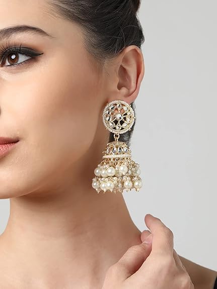 Zaveri Pearls Gold Tone Traditional Kundan & Pearls Jhumki Earring For Women-ZPFK11012 - View 2 of 3