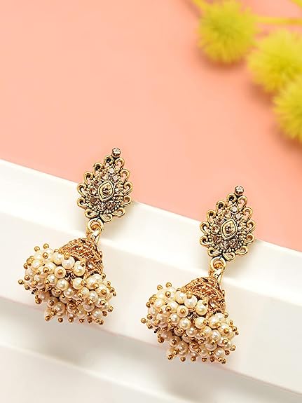 Zaveri Pearls Antique Gold Tone Traditional Jhumki Earring For Women-ZPFK7450 - View 3 of 4