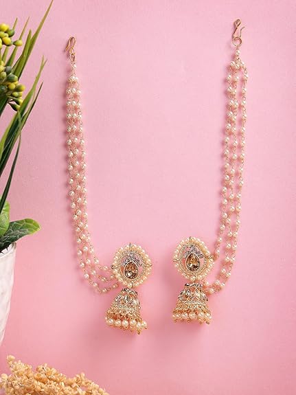 Sukkhi Fashion-Forward Ethnic 18k Gold Plated with Kundan & Pearls Studded Long Earchain with Jhumka/Jhumki Earring Jewellery For Women & Girls|E107335 - View 4 of 6