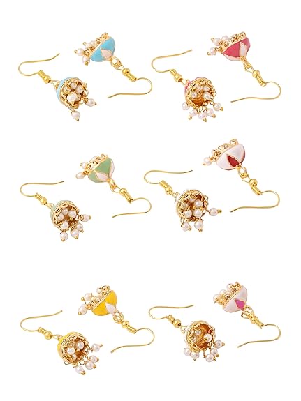 Yellow Chimes Meenakari Jhumka Earrings for Women | Traditional Small Jhumki Earrings Set for Girls | Combo of 6 Pairs Jhumkas Ethnic Gold Plated Women Earrings | Birthday Gift For Girls - View 3 of 7