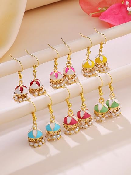 Yellow Chimes Meenakari Jhumka Earrings for Women | Traditional Small Jhumki Earrings Set for Girls | Combo of 6 Pairs Jhumkas Ethnic Gold Plated Women Earrings | Birthday Gift For Girls - View 7 of 7