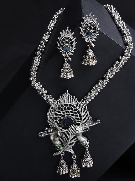Shining Diva Fashion Latest Stylish Design Fancy Traditional Oxidised Silver Necklace Jewellery Set for Women (13165s) - View 2 of 5
