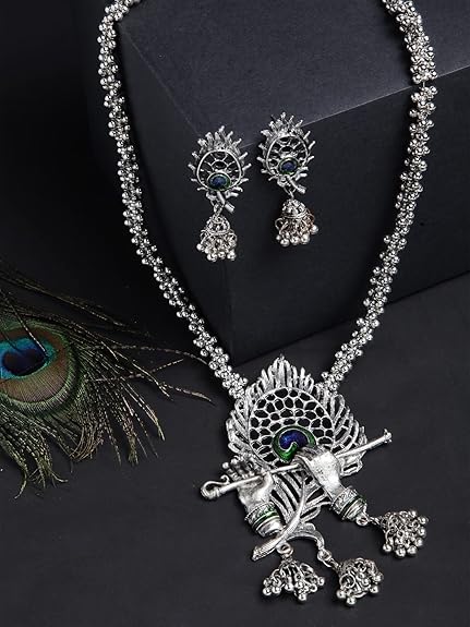 Shining Diva Fashion Latest Stylish Design Fancy Traditional Oxidised Silver Necklace Jewellery Set for Women (13165s) - View 3 of 5