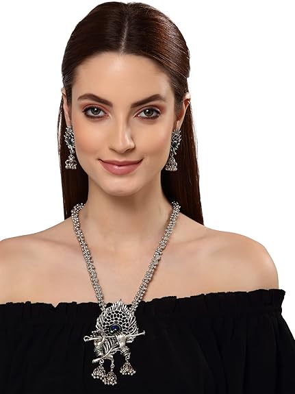Shining Diva Fashion Latest Stylish Design Fancy Traditional Oxidised Silver Necklace Jewellery Set for Women (13165s) - View 4 of 5