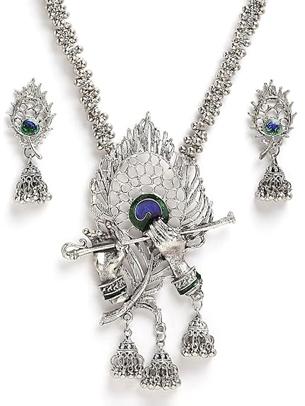Shining Diva Fashion Latest Stylish Design Fancy Traditional Oxidised Silver Necklace Jewellery Set for Women (13165s) - View 5 of 5