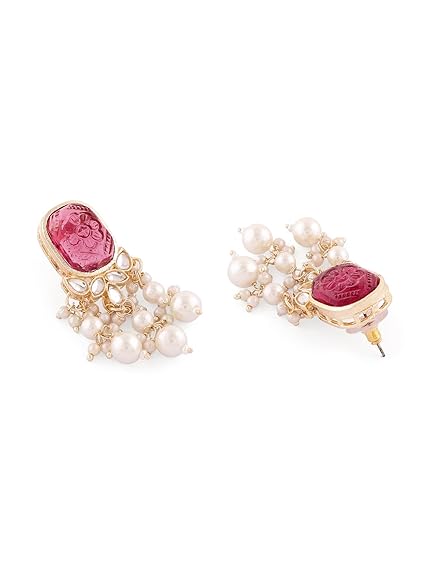Zaveri Pearls Wine Color Stone Kundan Pearls Layer Yellow Gold Drop Earring For Women-ZPFK15441 - View 2 of 4