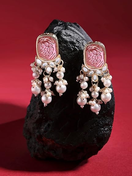 Zaveri Pearls Wine Color Stone Kundan Pearls Layer Yellow Gold Drop Earring For Women-ZPFK15441 - View 3 of 4