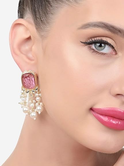 Zaveri Pearls Wine Color Stone Kundan Pearls Layer Yellow Gold Drop Earring For Women-ZPFK15441 - View 4 of 4