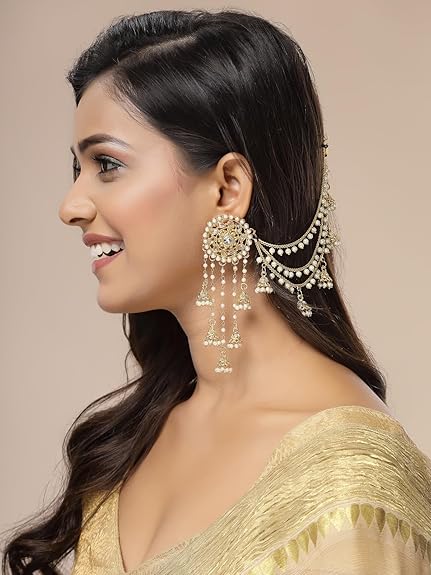 Sukkhi Creative Traditional Indian Fashion Gold Plated Multi Layer Pearls Ear Chain with Jhumka/Jhumki Earring Jewellery for Women & Girls|E107327 - View 4 of 5
