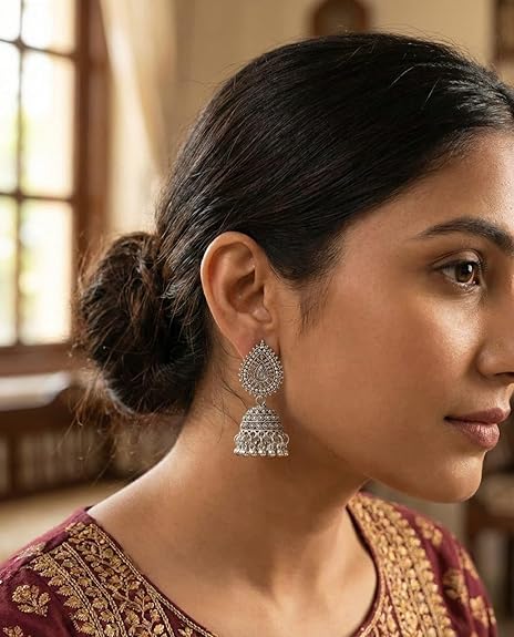 ZYLUXE Traditional Jhumka Earrings for women | girls fashion jhumka meenakari kundans flower Temple Indian Traditional Ear rings Set stylish Big Jhumki - View 3 of 5