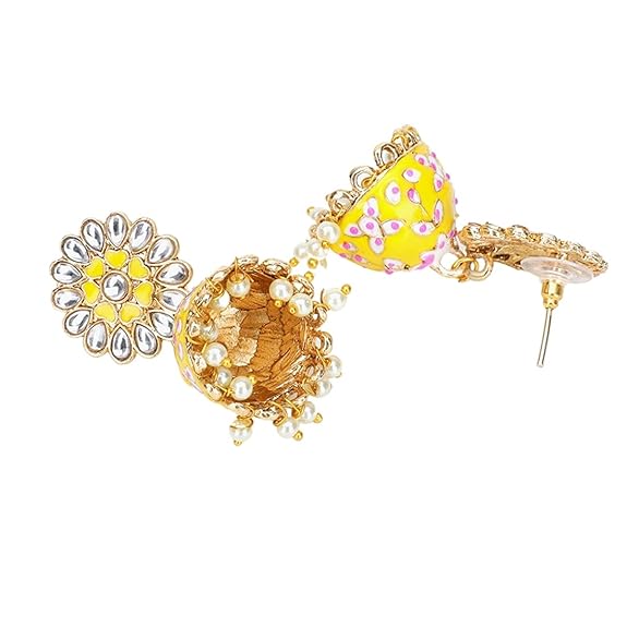 Yellow Chimes Ethnic Gold Plated Kundan Studded Meenakari Pearl Beads Chandbali Jhumka Earrings for Women and Girls - View 2 of 3