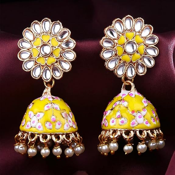 Yellow Chimes Ethnic Gold Plated Kundan Studded Meenakari Pearl Beads Chandbali Jhumka Earrings for Women and Girls - View 3 of 3