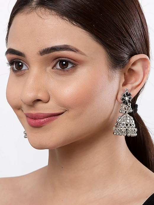  Tribal Collection Traditional Indian Antique Oxidised Silver Stylish Afghan Jhumka Jhumki Earrings for Women Girls - View 3 of 5