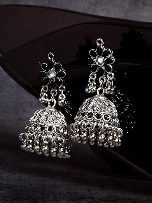  Tribal Collection Traditional Indian Antique Oxidised Silver Stylish Afghan Jhumka Jhumki Earrings for Women Girls - View 4 of 5