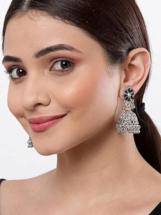  Tribal Collection Traditional Indian Antique Oxidised Silver Stylish Afghan Jhumka Jhumki Earrings for Women Girls - View 5 of 5