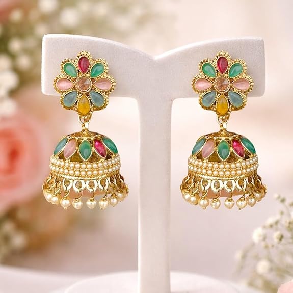 Accessher Gold Plated Multicolour Pastel Semi Precious Stones Studded Ethnic Floral Jhumka Earrings/Traditional Jhumkis for Women and Girls special and everyday wear. - View 2 of 5