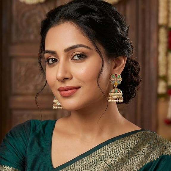 Accessher Gold Plated Multicolour Pastel Semi Precious Stones Studded Ethnic Floral Jhumka Earrings/Traditional Jhumkis for Women and Girls special and everyday wear. - View 3 of 5