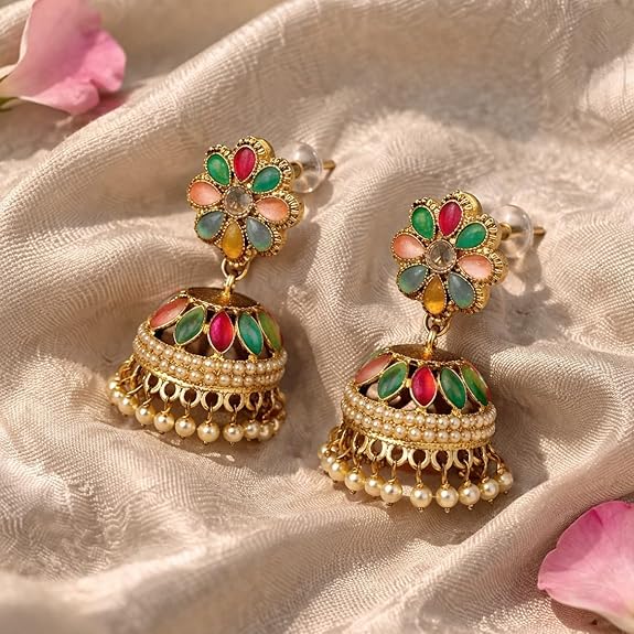 Accessher Gold Plated Multicolour Pastel Semi Precious Stones Studded Ethnic Floral Jhumka Earrings/Traditional Jhumkis for Women and Girls special and everyday wear. - View 4 of 5