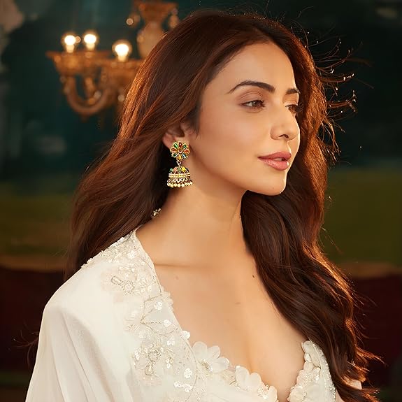 Accessher Gold Plated Multicolour Pastel Semi Precious Stones Studded Ethnic Floral Jhumka Earrings/Traditional Jhumkis for Women and Girls special and everyday wear. - View 5 of 5