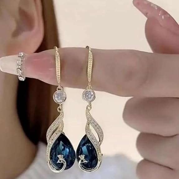 Ryra & Co. Premium Elegant Luxury Blue Crystal Peacock Earrings for Women | Statement Jewellery | Lightweight Designer Drop Earrings | Gift for Her - View 2 of 3