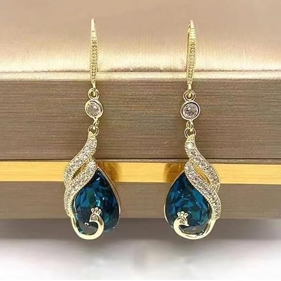 Ryra & Co. Premium Elegant Luxury Blue Crystal Peacock Earrings for Women | Statement Jewellery | Lightweight Designer Drop Earrings | Gift for Her - View 3 of 3