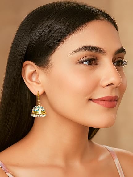 Vesara Jhumke Meenakari Earrings For Women | Jhumka Combo Earrings For Women | Jhumkas Jhumka Set For Girls | Traditional Earrings Set Jumka | Small Gold Plated Jhumki | Mini Jumke Rajasthani Earring - View 3 of 5