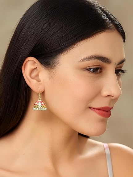 Vesara Jhumke Meenakari Earrings For Women | Jhumka Combo Earrings For Women | Jhumkas Jhumka Set For Girls | Traditional Earrings Set Jumka | Small Gold Plated Jhumki | Mini Jumke Rajasthani Earring - View 4 of 5