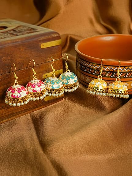 Vesara Jhumke Meenakari Earrings For Women | Jhumka Combo Earrings For Women | Jhumkas Jhumka Set For Girls | Traditional Earrings Set Jumka | Small Gold Plated Jhumki | Mini Jumke Rajasthani Earring - View 5 of 5