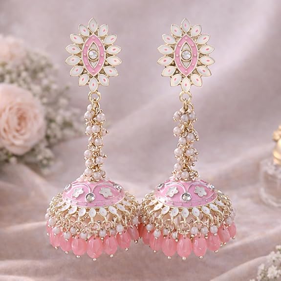 1 Pair Long Ethnic Jhumka Earring | Meenakari Jhumkas for Everyday Glamour | Gold-Plated Kundan & Beads Dangle Chandbali for Women | Stylish Traditional Trendy Jewellery Gift for Girls - View 2 of 6