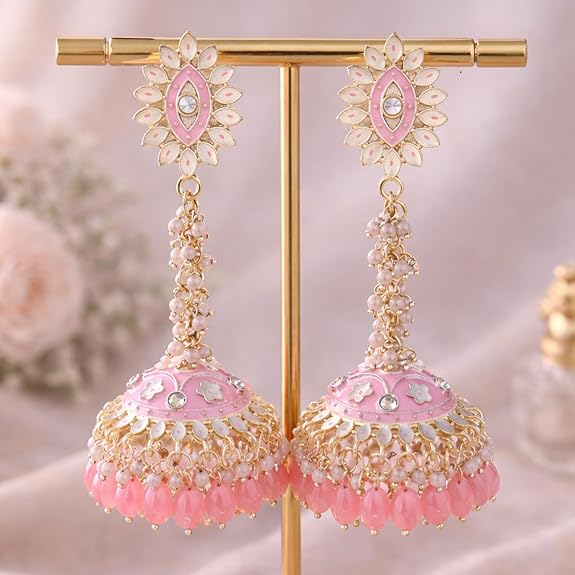 1 Pair Long Ethnic Jhumka Earring | Meenakari Jhumkas for Everyday Glamour | Gold-Plated Kundan & Beads Dangle Chandbali for Women | Stylish Traditional Trendy Jewellery Gift for Girls - View 3 of 6